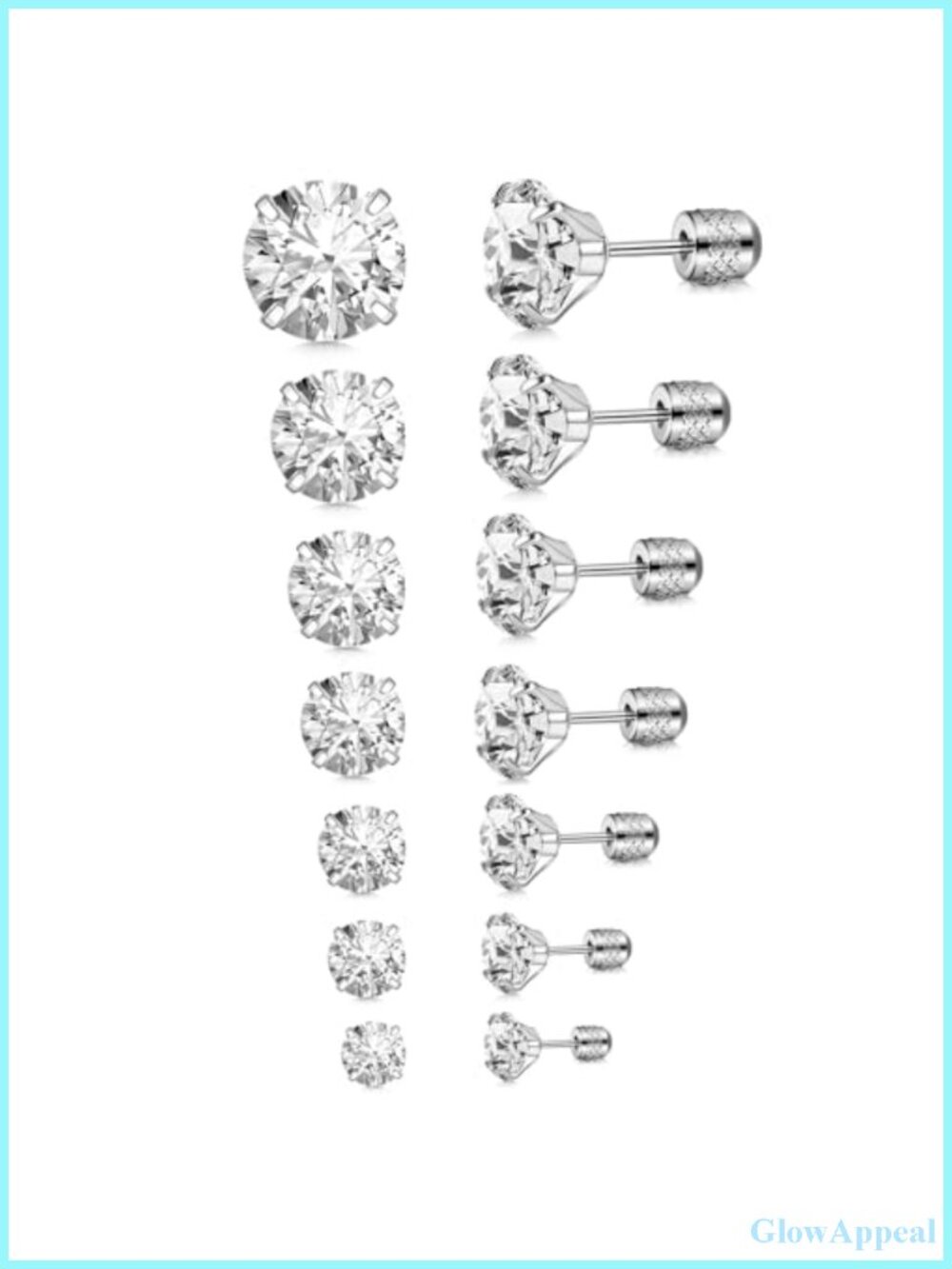 7 Pair Stainless Steel CZ Stud Earrings Set Piercing Jewelry Flatback
